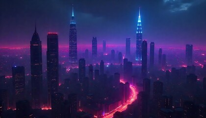 Fototapeta premium A futuristic cityscape displays brilliant neon colored lights at night