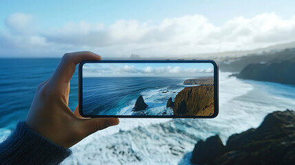 20250306215230list 18 20250306215049list 10 20250306214924list 3 A hand holding a smartphone capturing a scenic ocean view from a hotel balcony. The image on the phone screen aligns with the 