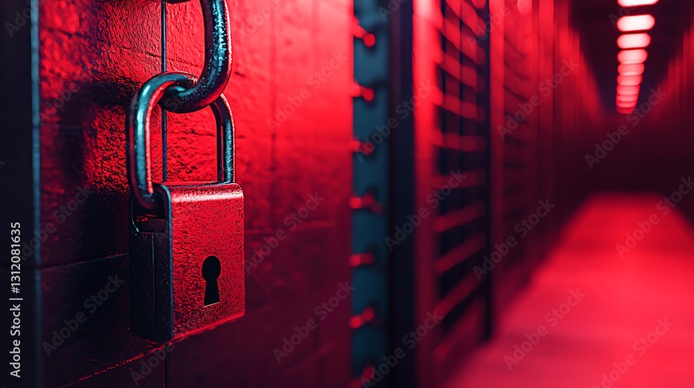 Poster a close-up of a padlock in a dimly lit corridor, featuring red lighting that creates a mysterious, s