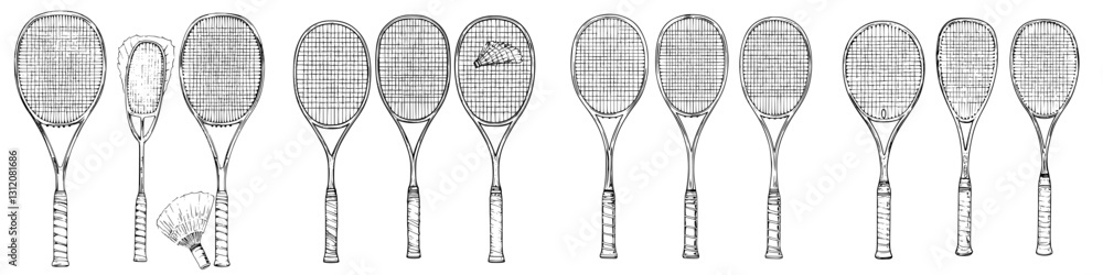 Poster various types of rackets displaying different designs and materials lined up on a display table