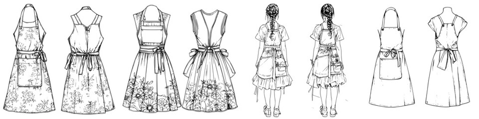 Various designs of aprons showcasing styles, patterns, and lengths for different cooking and crafting activities