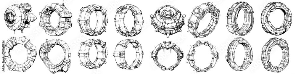 Poster collection of futuristic spacecraft designs featuring various circular structures and technological 