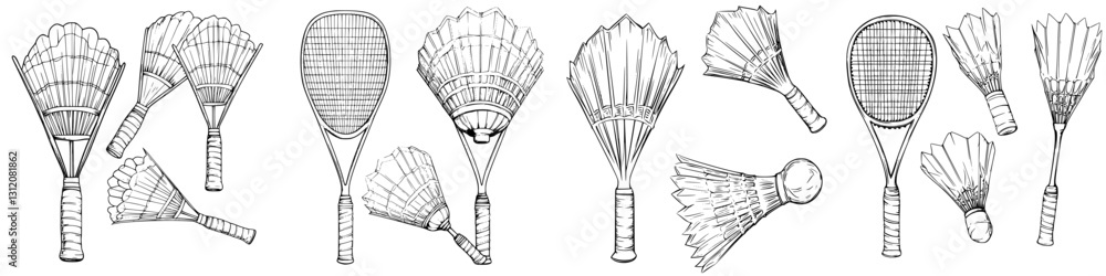 Poster various types of rackets and shuttlecocks used in badminton displayed in a creative arrangement
