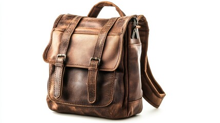 A leather brown school backpack isolated on a white background, ideal for back-to-school concepts with a focus on style and functionality.
