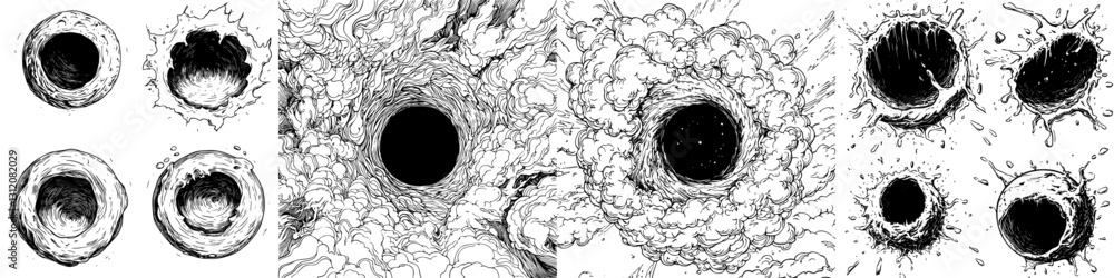 Poster abstract black circles in various explosive and swirling designs conveying movement and depth in dyn