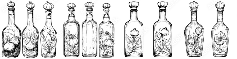 Poster vintage glass bottles with botanical illustrations on display in a rustic setting