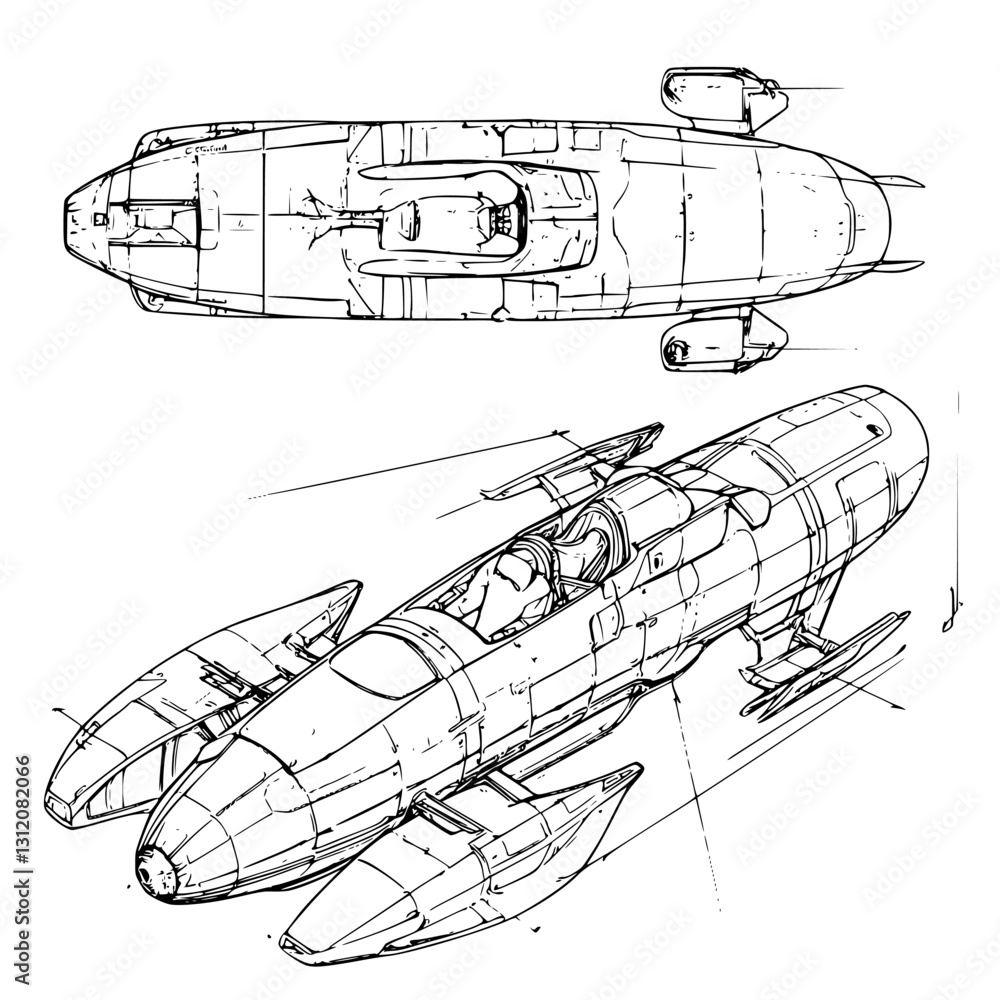 Poster detailed design of a futuristic spaceship with sleek lines and advanced features