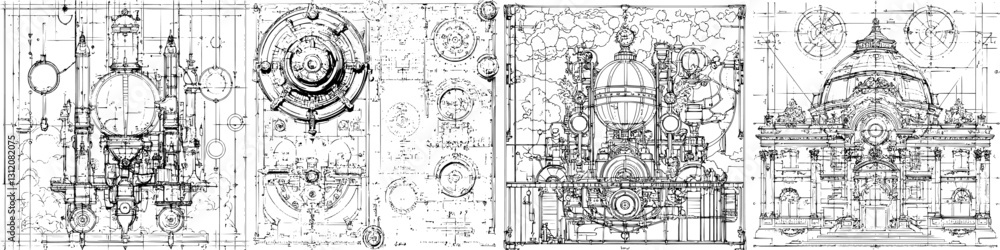 Poster detailed technical drawings of a mechanical apparatus showcasing design elements and engineering con