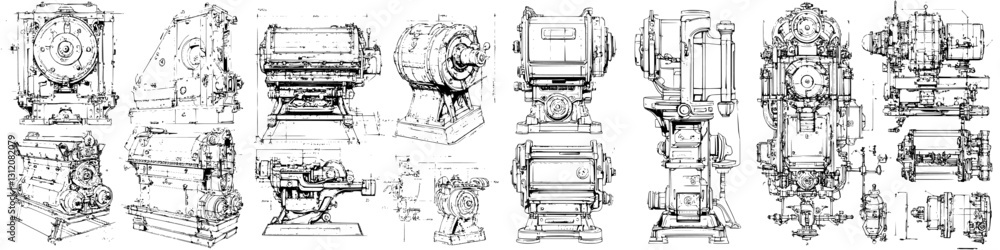 Poster technical drawings of various vintage machinery components displayed in a detailed layout for engine