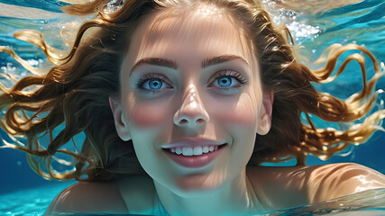 Underwater Beautiful Woman with Blue Eyes. Captivating Woman with Flowing Hair. Generative AI