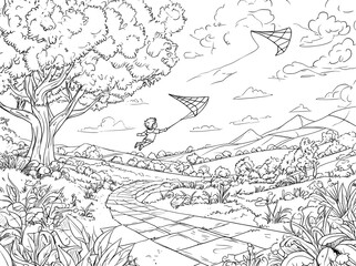 Obraz premium A black and white sketch illustration of a landscape featuring a road, trees, and a boy playing with a kite is presented in a modern style
