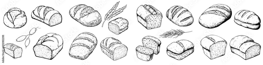 Poster assorted bread loaves and rolls displayed in a traditional baking style with wheat and grain element
