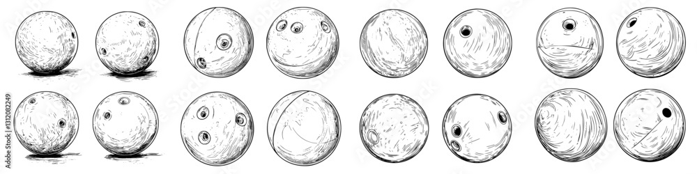 Poster various designs and patterns of bowling balls displayed in a structured arrangement