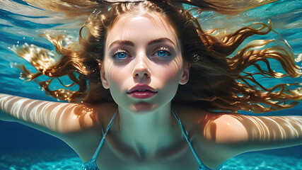 Underwater Beautiful Woman with Blue Eyes. Captivating Woman with Flowing Hair. Generative AI