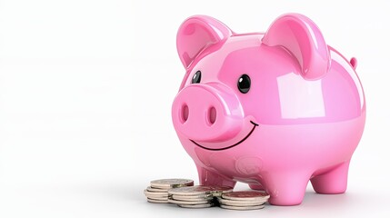 A cheerful pink piggy bank with a smiling face sits on a clean white surface surrounded by shiny coins, symbolizing savings and financial growth.