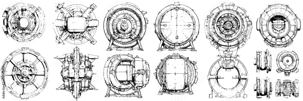 Poster detailed technical sketches of a mechanical apparatus showcasing various angles and components
