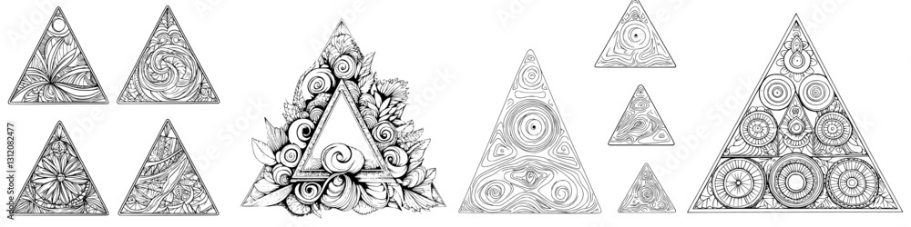 Poster artistic collection of triangular designs featuring intricate patterns and floral elements