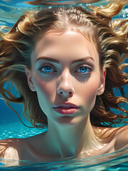 Underwater Beautiful Woman with Blue Eyes. Captivating Woman with Flowing Hair. Generative AI