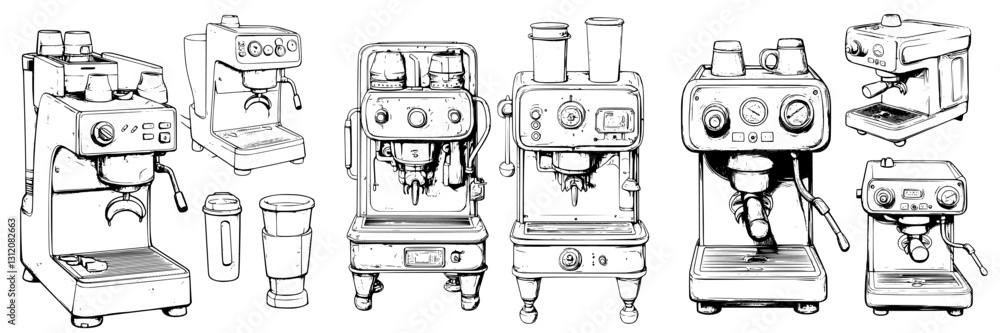 Poster various models of espresso machines displayed in a sketch format showcasing their features and desig