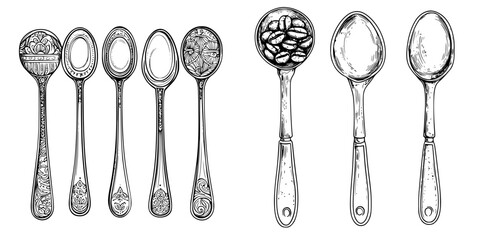 Detailed black and white illustration of vintage and modern spoons showcasing various designs and shapes