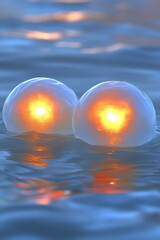 Two luminous orbs, glowing from within, float gently on a tranquil body of water. Soft light reflects on the water's surface, creating a serene and magical atmosphere.