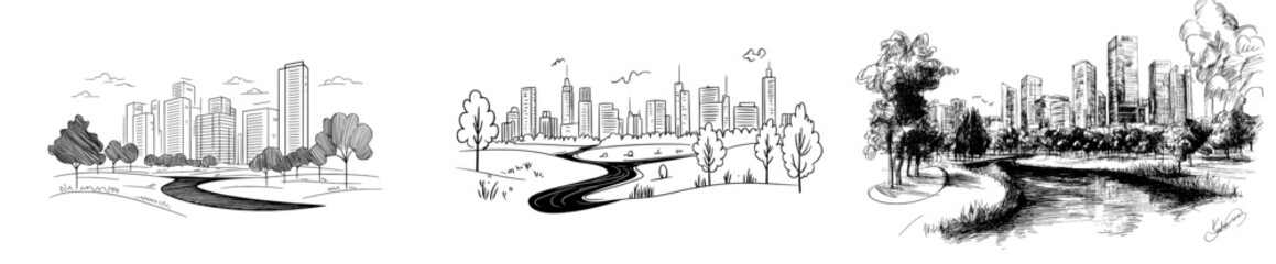 Fototapeta premium A hand-drawn doodle illustration of a cityscape with office buildings, a river, and a park, presented in a modern style