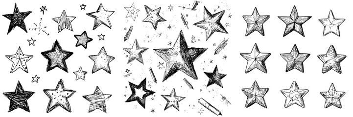 Obraz premium A set of hand-drawn star doodles is available, featuring sketch-style icons that can be used as decorative elements isolated on a white background in a flat design, creating a modern illustration