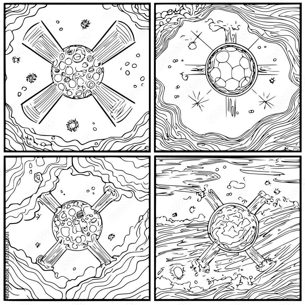 Poster creative illustrations of celestial bodies surrounded by abstract designs in a dynamic layout showca