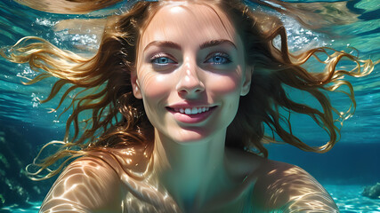 Underwater Beautiful Woman with Blue Eyes. Captivating Woman with Flowing Hair. Generative AI