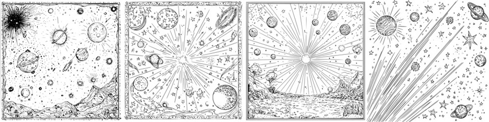 Cosmic illustrations showcasing celestial bodies and starry backgrounds in various artistic styles