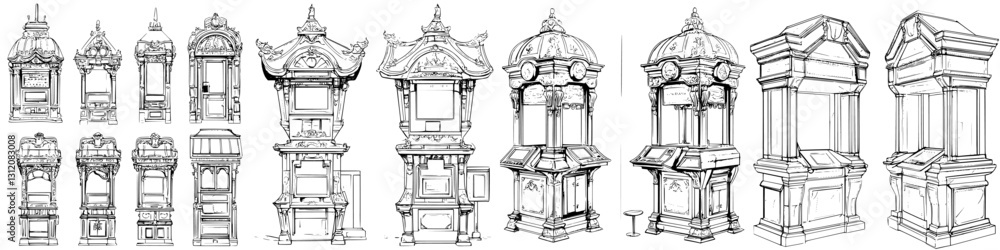 Poster detailed sketches of elegant architectural kiosks showcasing intricate designs and historical styles