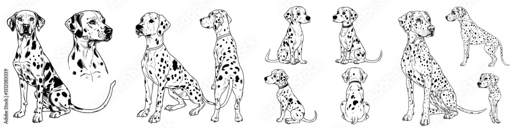 Poster unique sketches of dalmatian dogs showcasing different poses and expressions in a monochrome style
