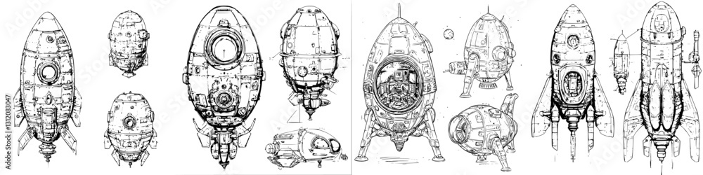 Poster different designs of futuristic rockets in various shapes and sizes on a white background showcasing