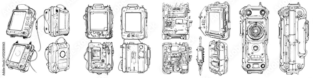Poster detailed design sketches of rugged handheld devices arranged in various orientations