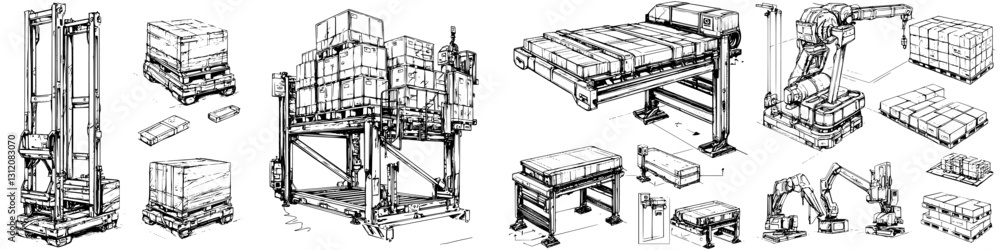 Poster various sketches of industrial automation equipment for handling and transporting boxes in a warehou