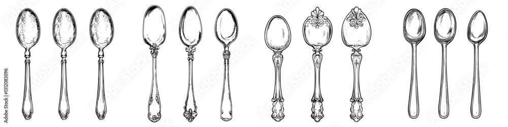Poster collection of vintage silver spoons displayed in a row showcasing different designs and sizes, perfe