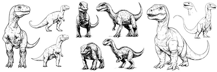 Fototapeta premium Detailed dinosaur sketches showcasing various species and poses in a dynamic arrangement from natural history illustration