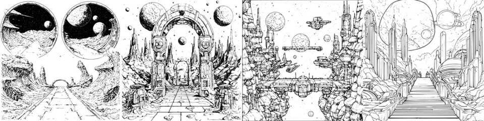 Obraz premium Intergalactic landscape featuring futuristic architecture and celestial bodies in a surreal cosmic environment