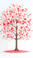 Obraz premium A solitary tree with pink and white blossoms stands against a white background, with fallen petals scattered on the ground