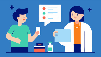 Fototapeta premium Vaccination Guidance The doctor discussing vaccination options with the patient showing a chart of vaccines while the patient appears inquisitive and engaged.