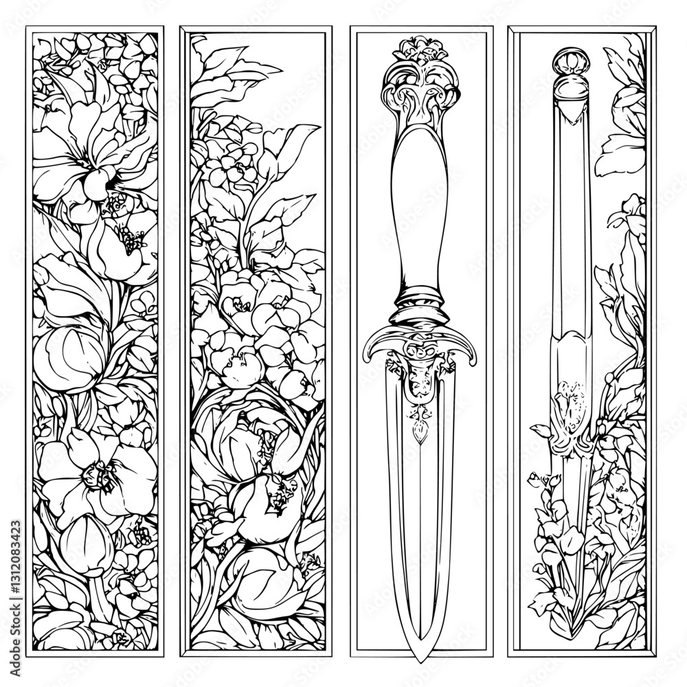 Poster decorative dagger design with floral patterns featuring intricate details and elegant lines