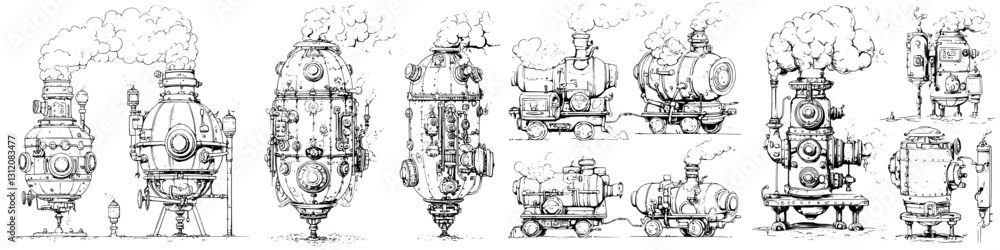 Poster unique collection of steampunk-style steam engines displayed in various designs and sizes