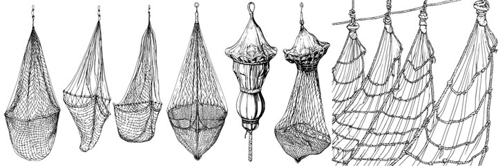 Various styles of hanging netted designs for storage displayed in an artistic arrangement