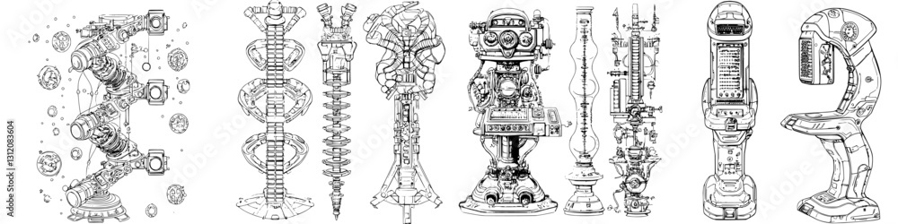 Poster futuristic mechanical structures displayed against a plain backdrop featuring intricate designs and 