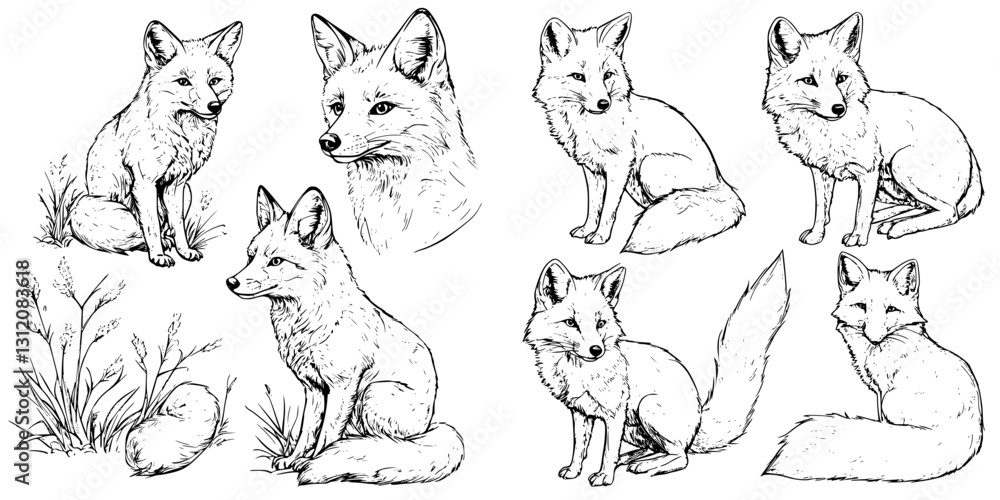 Poster detailed sketches of foxes in various poses showcasing their unique features and playful nature in a
