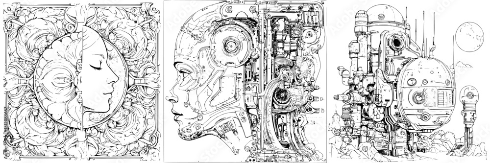 Poster intricate blend of human and robotic forms depicting connection between nature and technology