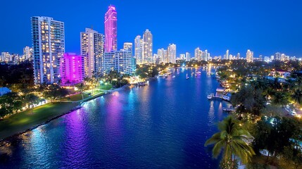 Obraz premium A scenic city skyline reflecting on calm waters at twilight, illuminated high-rise buildings showcase vibrant pinks and blues, creating a peaceful and photogenic atmosphere.