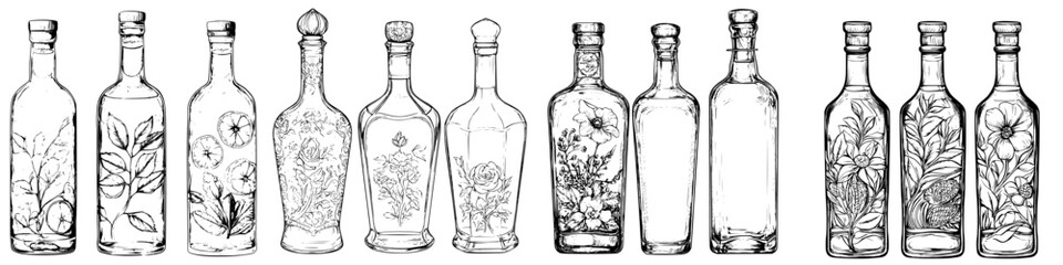 Variety of decorative glass bottles with floral designs lined up on a white background