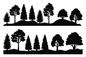 landscape with trees silhouettes set isolated flat vector illustration on white background.