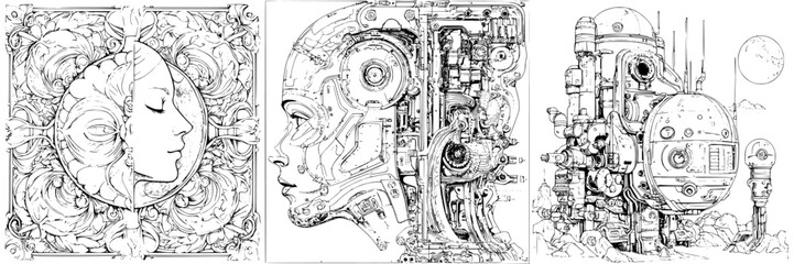 Intricate blend of human and robotic forms depicting connection between nature and technology